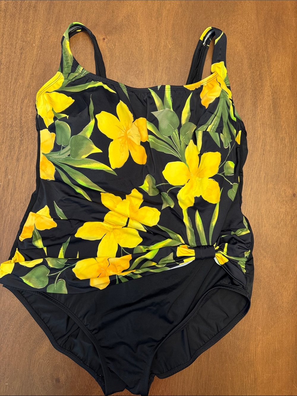 Longitude Black One-Piece Swimsuit with Bright Yellow Floral and Green Leaves